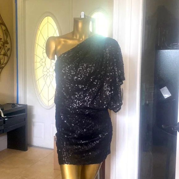jessica simpson one shoulder black dress Jessica Simpson ~ Black Satin One Shoulder Rosette Sheath Party Dress 6 NEW $158